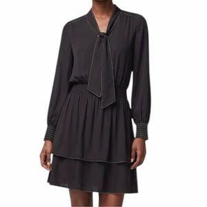 NWT WHBM Beaded Smocked Blouson Dress Black Mini Tiered Ruffle - Small